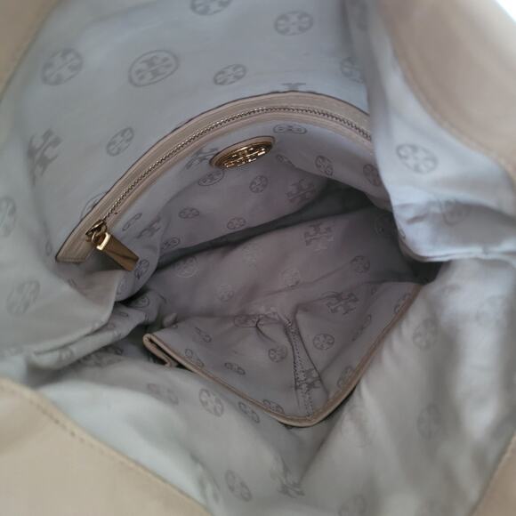 Tory Burch Geniue Leather Tan Beige Foldover Flap Shoulder Bag Purse Medium Fair - Picture 4 of 11